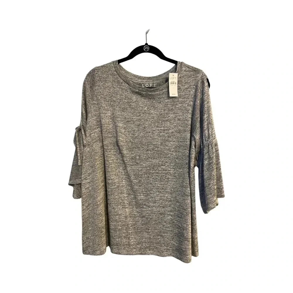 Loft Womens Gray Heathered Cold Shoulder Tie Sleeve Knit Top Size L New